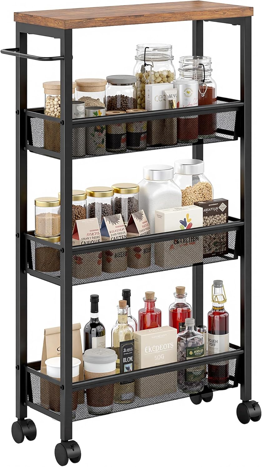 VECELO 4 Tier Slim Rolling Cart Organizer, Rolling Carts On Wheels with Stora...