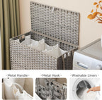 Laundry Hamper with Wheels, 39.6 Gallon(150L) Rolling Laundry Basket with Lid, 3-Section Rattan Clothes Hamper with 3 Removable Liner & 3 Mesh Bags, Laundry Sorter with Side Pocket, Grey