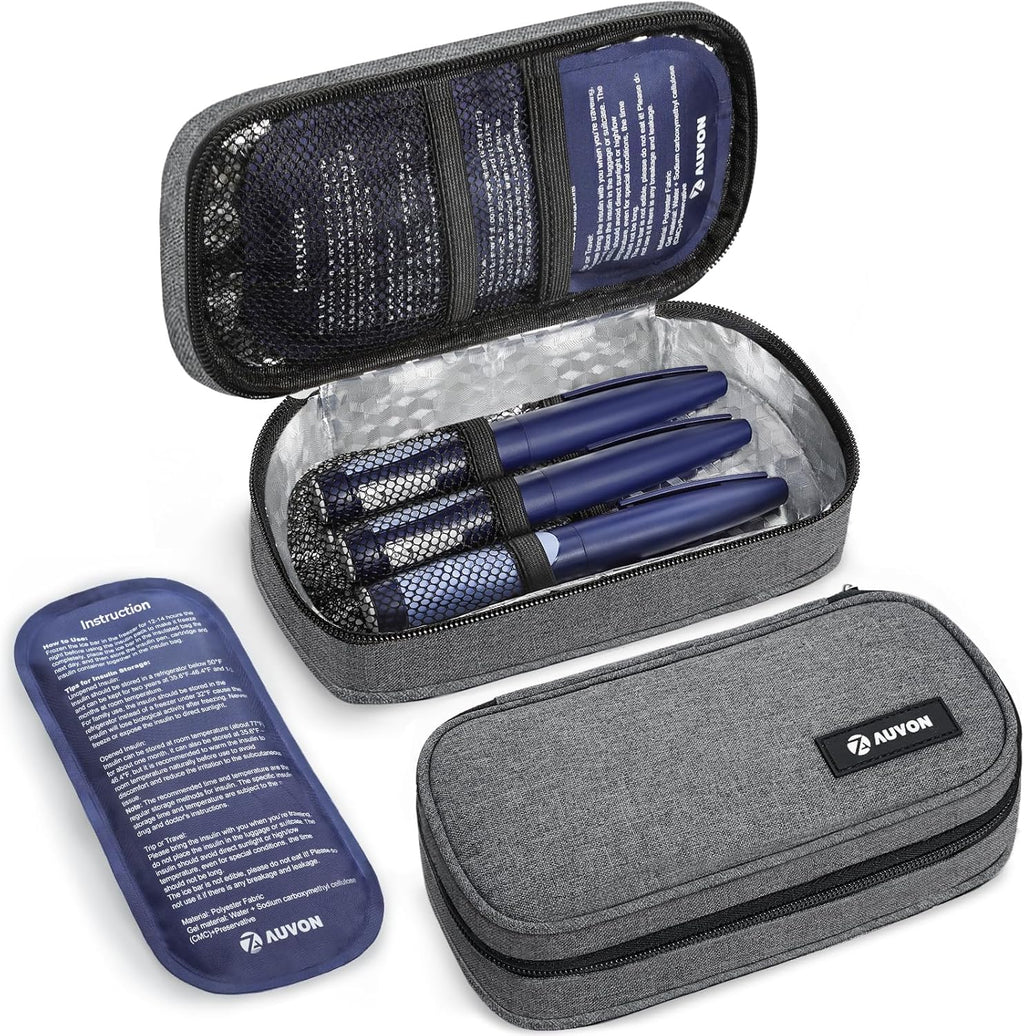 AUVON Portable Insulin Cooler Travel Case, Insulated Diabetic Bag with 2 x 160g Ice Packs for 6-8h Cooling Time, Medication Cooler Bag for Insulin Pens and Blood Glucose Monitor Supplies