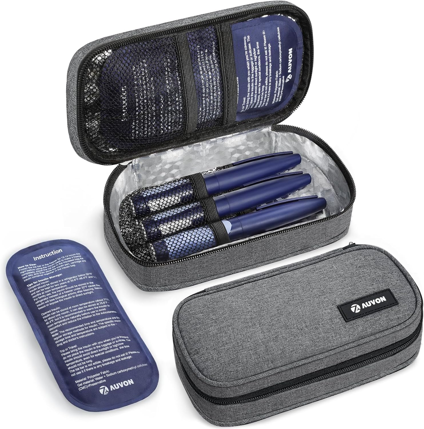 AUVON Portable Insulin Cooler Travel Case, Insulated Diabetic Bag with 2 x 160g Ice Packs for 6-8h Cooling Time, Medication Cooler Bag for Insulin Pens and Blood Glucose Monitor Supplies