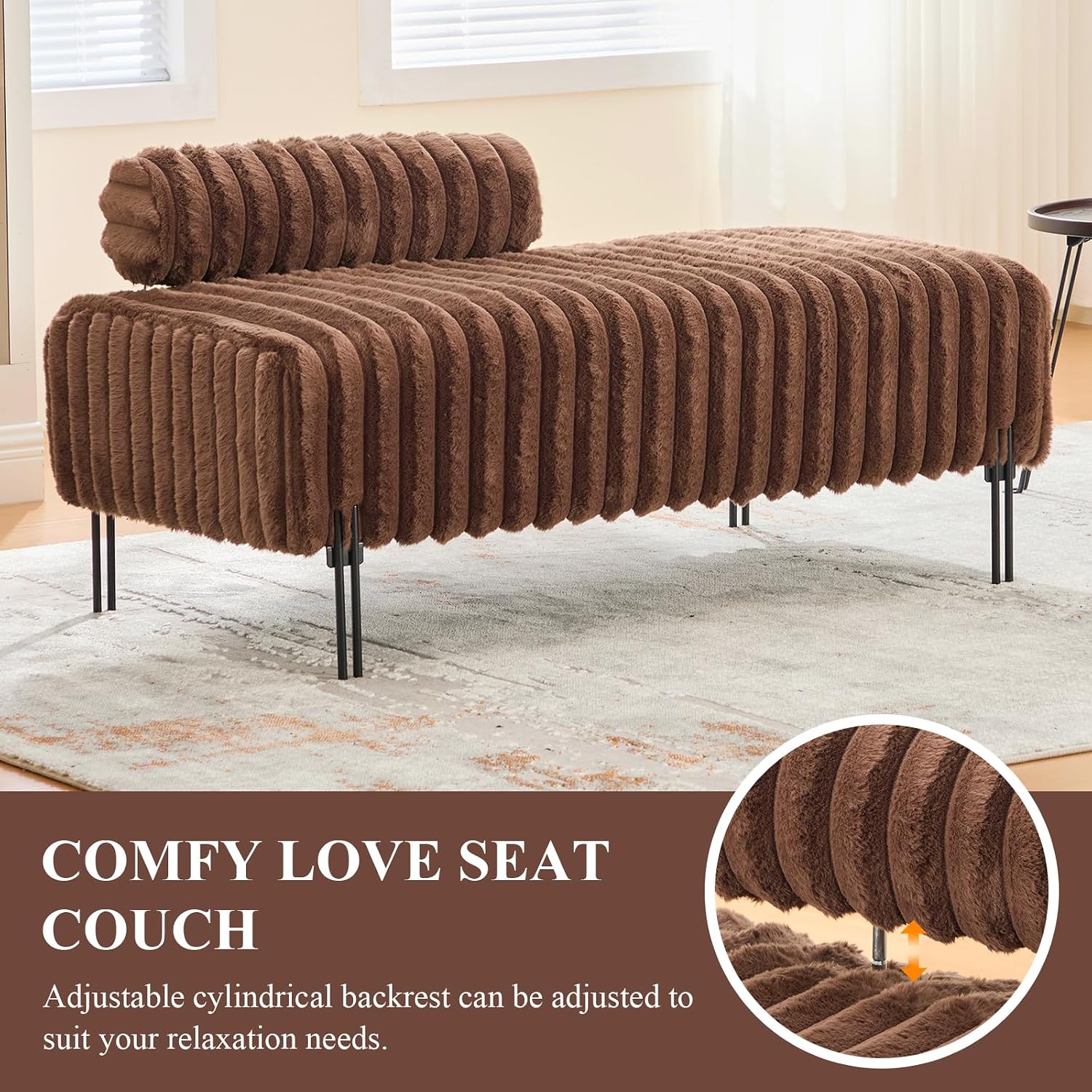 Ottoman Bench, Loveseat Sofa Couch with Adjustable Backrest | 49.6" Accent Sofa, Faux Fur Upholstered, Metal Legs, 300LBS Weight Capacity, End of Bed Bench for Bedroom, Brown-Faux Fur