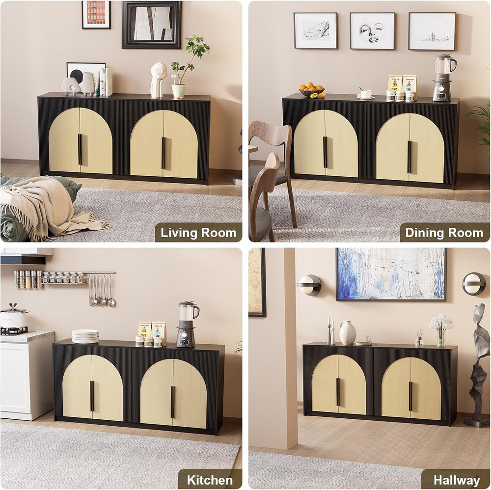 65 Inch Fluted Buffet Cabinet with Storage Symmetrical Arc Accent Sideboard L...