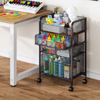 4-Tier Rolling Utility Cart with 3 Drawers - Craft Organizers and Storage with 360° Lockable Wheels,Art Supply Storage Organizer for Art Supplies, Store for Brushes & Paints & Artifacts Small Parts