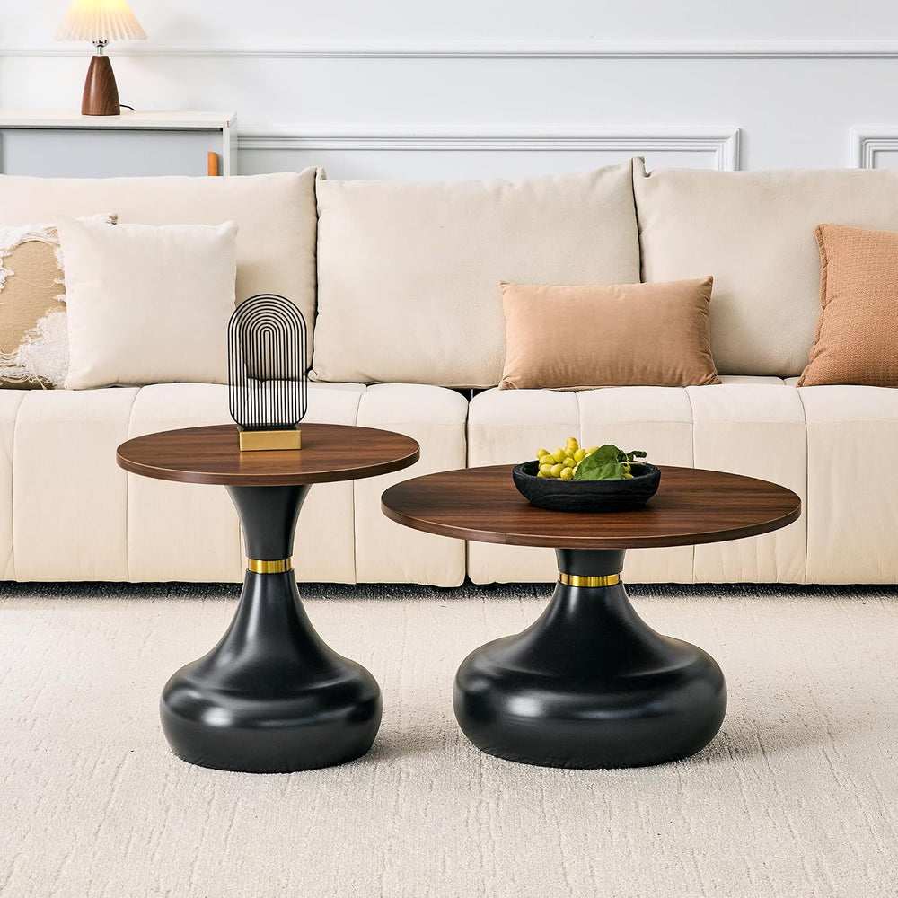 2-Piece Nesting Coffee Table Set, Walnut Wood Grain, Gold Metal Base | Nestin...