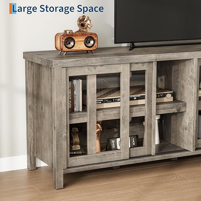 GAOMON TV Stand for 65" with Entertainment Center, Storage Cabinet, 4 Sliding Glass Doors, Mid Century Modern Media TV Console Table for Living Room Bedroom, Grey