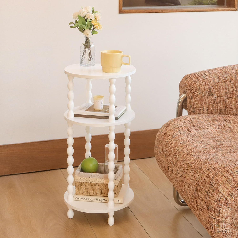 AWASEN Small Round Side Table, White End Table with 3-Tier Open Shelf for Sma...