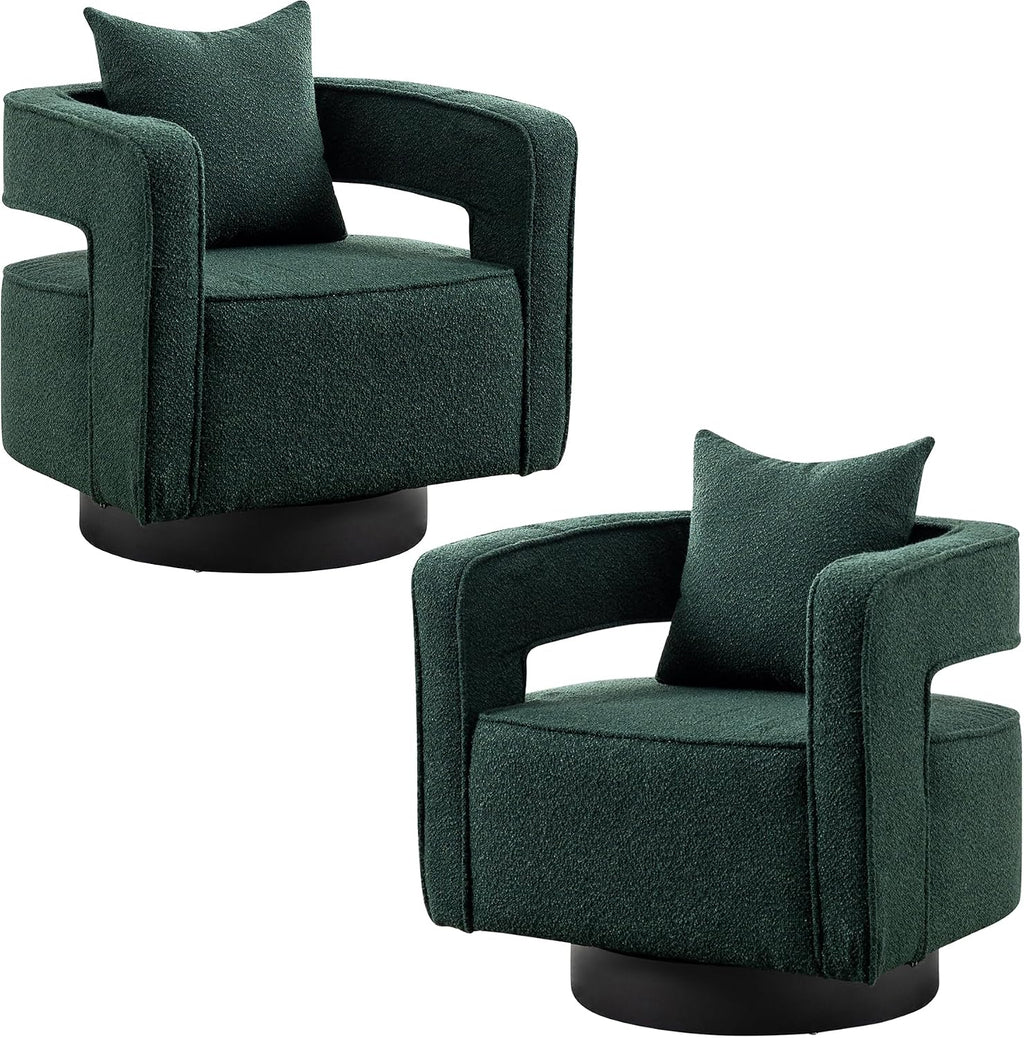 Swivel Accent Chair Set of 2, Modern Swivel Barrel Chair for Living Room, 360 Degree Comfy Square Accent Chair with Open Back, Upholstered Armchair for Bedroom,Reading, Boucle, Dark Green