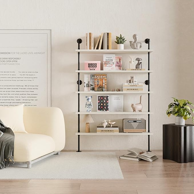 Pipe Industrial Ladder Shelves Bookcase, Wall Mounted Retro Wood Metal Pipe Rustic Bookshelf (White, 5 Tier - 10" D x 48" W x 70" H)