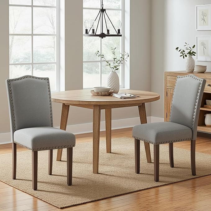 COLAMY Grey Upholstered Parsons Dining Chairs Set of 6,Comfortable Foam Seat, Classic Nailhead Trim, Solid Wood Legs, Stable & Easy to Assemble for Dining Room, Kitchen, Living Room & Café