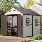 CDCASA 8x8 FT Resin Storage Shed, Waterproof Outside Plastic Storage Sheds with Floor, Adjustable Openable Windows, Lockable Door for Garden Patio Lawn, Brown & Beige