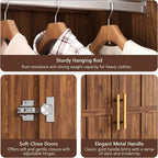 Armoire Wardrobe Closet with 2 Drawers, 3 Open Shelves, Sensor Light, 71” Tall Bedroom Armoire with Hanging Hooks and 2 Doors, Modern Fluted Wooden Closet Combination with Large Storage, Walnut