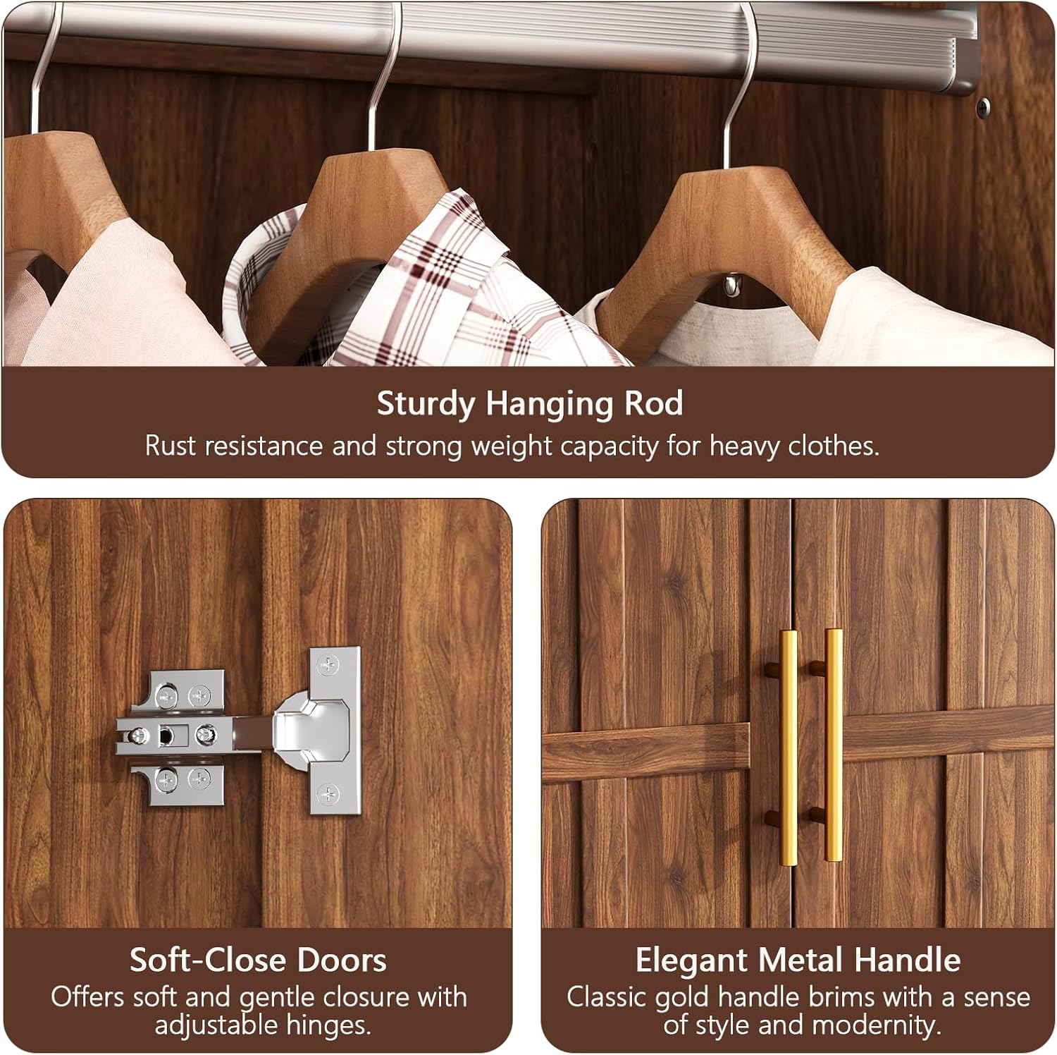 Armoire Wardrobe Closet with 2 Drawers, 3 Open Shelves, Sensor Light, 71” Tall Bedroom Armoire with Hanging Hooks and 2 Doors, Modern Fluted Wooden Closet Combination with Large Storage, Walnut