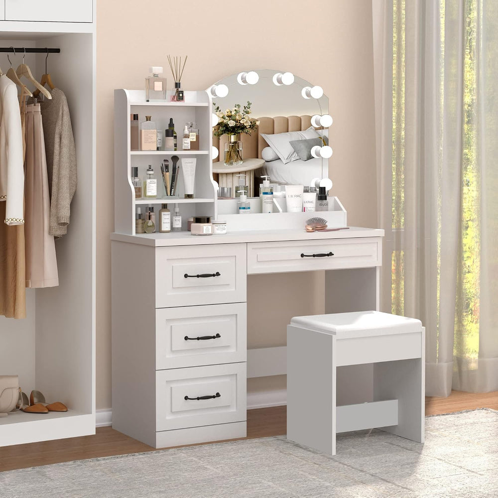 Vabches Vanity Desk with Mirror and Lights,Makeup Vanity Set for Bedroom | Wh...