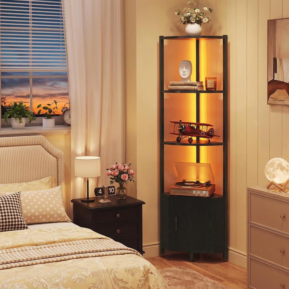 Corner Shelf with Storage, LED Lights 6-Tier Corner Bookshelf, 66'' O...