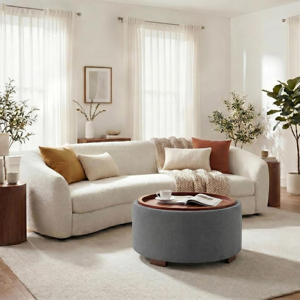 29.1 Inch Round Ottoman Coffee Table, Ottoman with Storage, Boucle Grey | Sto...