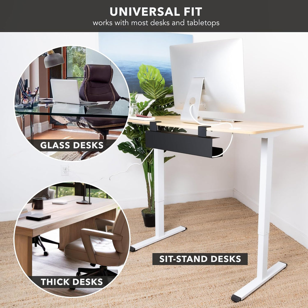 Mount-It! Clamp-On Under Desk Cable Management Tray – No-Drill Metal Cable Organizer for Office & Glass Desks, Secure Wire Management Tray for Power Strips & Cords – Sturdy Desk Cable Tray 23.6” Black