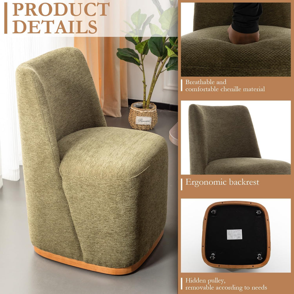 Chenille Rolling Dining Chairs with Casters Set of 2, Modern Upholstered Kitc...