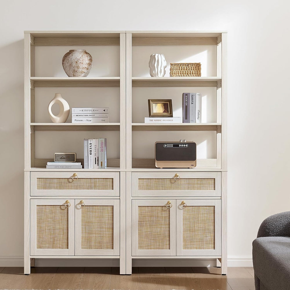 SICOTAS 68.5" Tall Boho Large White Rattan Bookshelf with Drawer and Doors