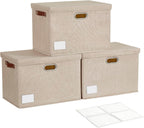 17" Large Collapsible Storage Bins with Lids, Stackable Closet Organizers with PU Handle and Labels, 3-Pack Decorative Fabric Storage Boxes for Home, Bedroom, Closet, Office, Nursery(Khaki)