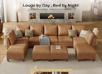 SITJOY 145" Faux Leather Modular Sectional Sofa with Storage, Mid Century Modern Sectional Couches for Living Room, Soft Padded Armrests, 11 Seat U Shaped Sofa Set with Chaise, Brown