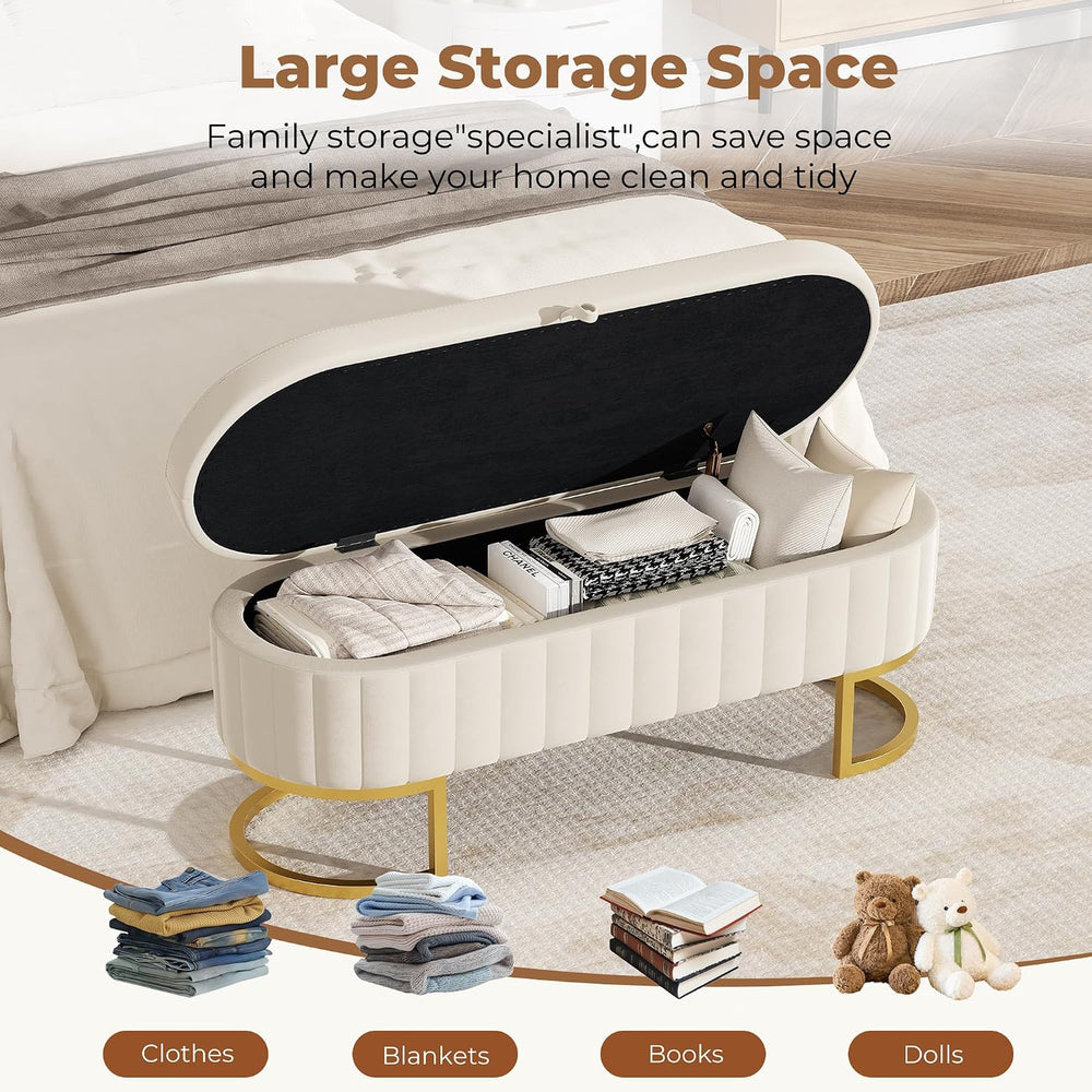 Storage Ottoman Bench, 45" Velvet End of Bed Bench Bedroom Bench with Go...