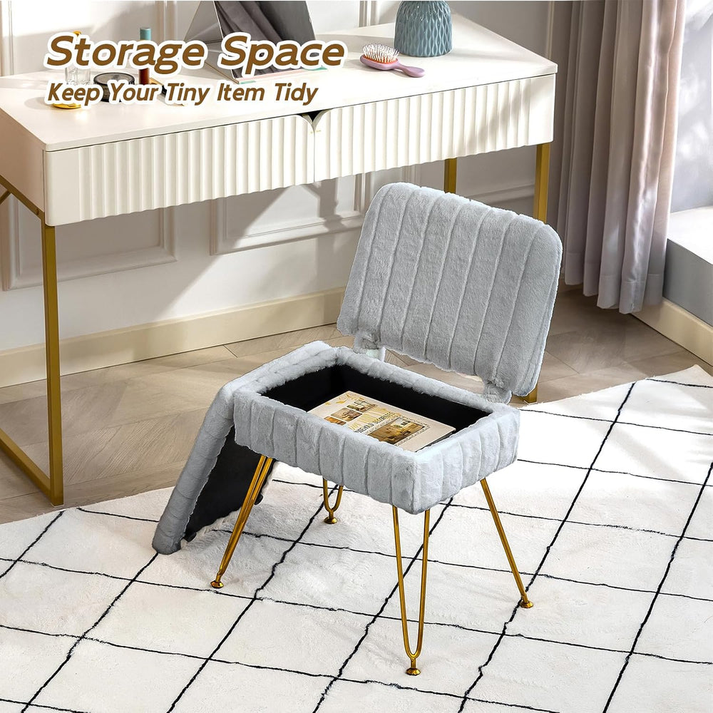 Vanity Chair with Storage | Comfy Ottoman with Folding Back