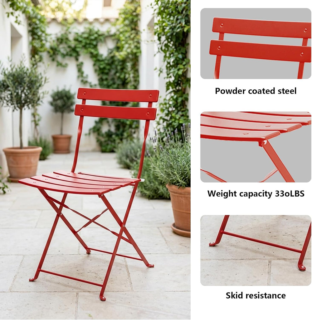 3 Piece Outdoor Bistro Set, Red Folding Table & Chairs for 2
