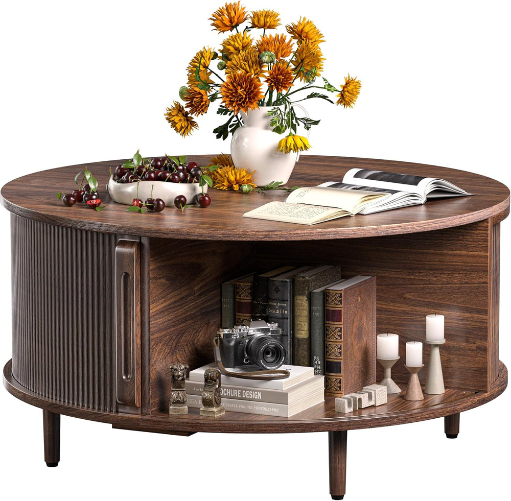Round Coffee Table, 31.5" Fluted Center Table with Storage, Lift-Top Cof...