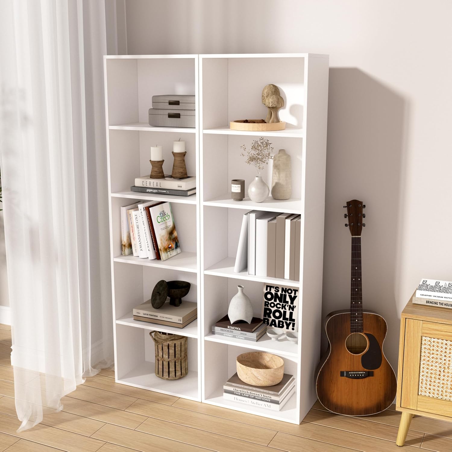 Wooden 5 Cube Storage Organizer, White 5 Tier Bookcase Bookshelf Freestanding Storage Display Organizer, Versatile Cubes Open Shelf and Cubby Unit for Living Room, Home Office, Dinning Room 15.7inch