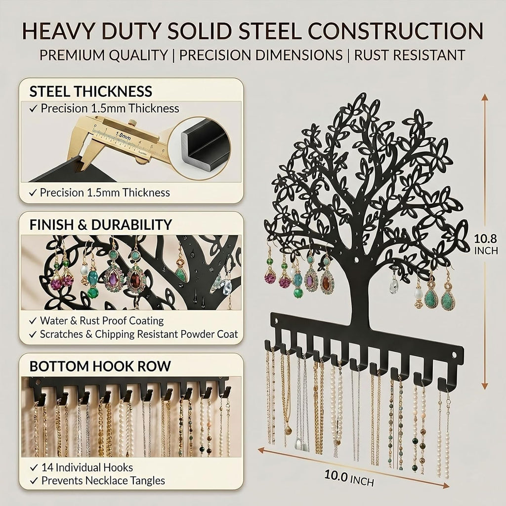 Jewelry Organizer Earring Holder Tree of Life Wall Mounted or Hanging Necklace and Bracelet Holder Metal Jewelry Display with Hooks for Studs Mother’s Day Gift for Women Mom Wife Daughter (Style1)