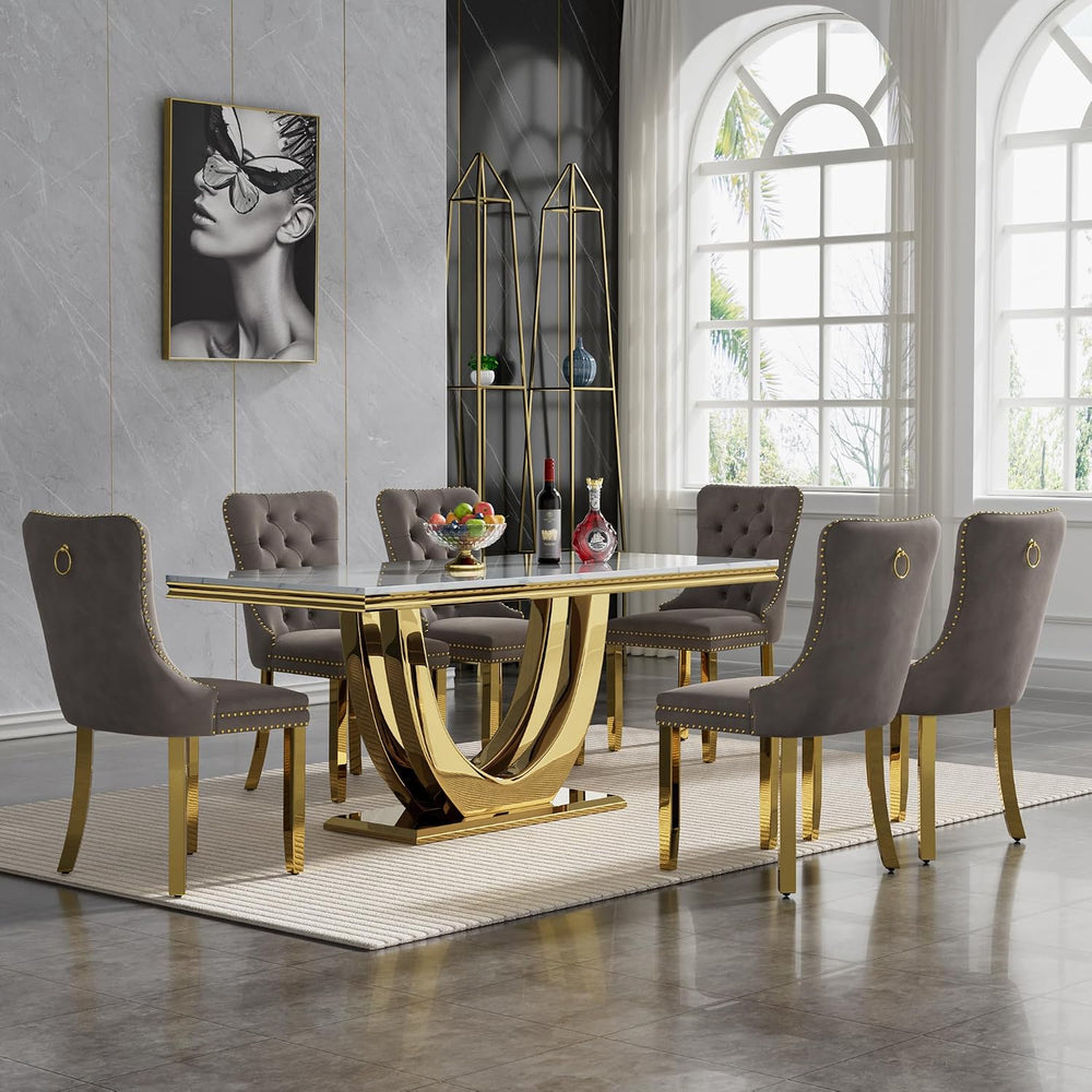 68" Marble Dining Table Set for 6, Luxury White Gold Kitchen Table with ...