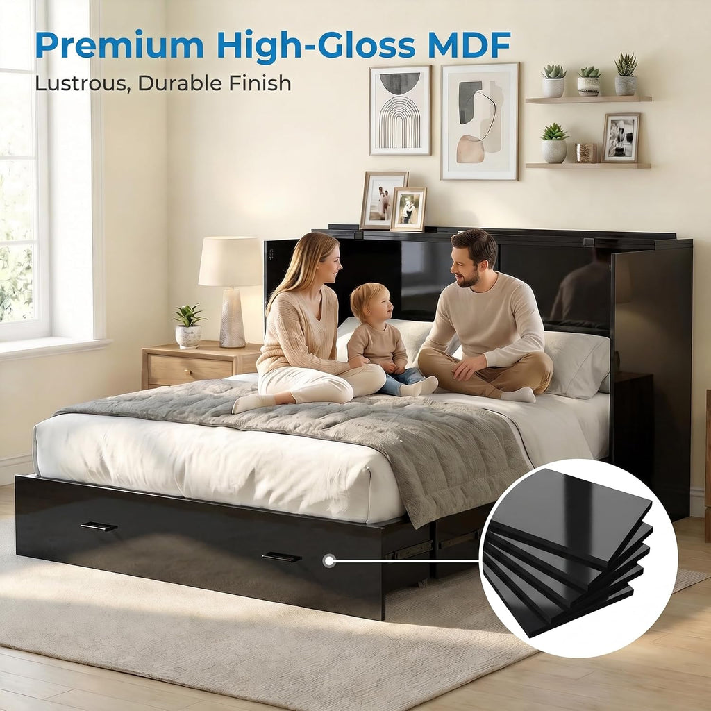 Mjkone 63.4" Width Queen Size Murphy Bed Cabinet with Tri-Folding Mattress Included, High Gloss MDF Storage Cabinet Guest Bed Chest Cabinets with 16 Colors of LED Lights for Home Offices, Black