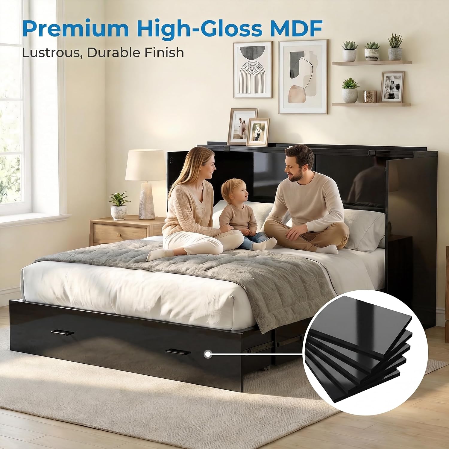 Mjkone 63.4" Width Queen Size Murphy Bed Cabinet with Tri-Folding Mattress Included, High Gloss MDF Storage Cabinet Guest Bed Chest Cabinets with 16 Colors of LED Lights for Home Offices, Black