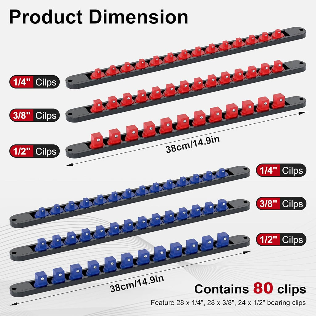 FIVEPEARS 6PCS 360° Socket Organizer Twist Lock,3/8 1/4 1/2 Socket Storage Rails, Premium Quality Socket Holders for Tool Box ，Tool Carts，Contains up to 80 Clips (Blue & Red)