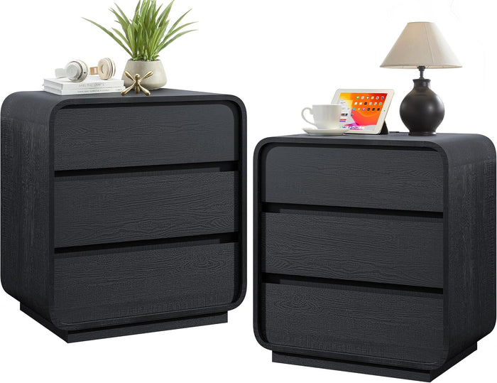 Standifurno Black Night Stand Set of 2 with Charging Station, 25" Tall Wood Nightstand, Modern Dresser End Table with 3 Storage Drawers, Curved Profile, Mid Century Bedside Table for Bedroom Office
