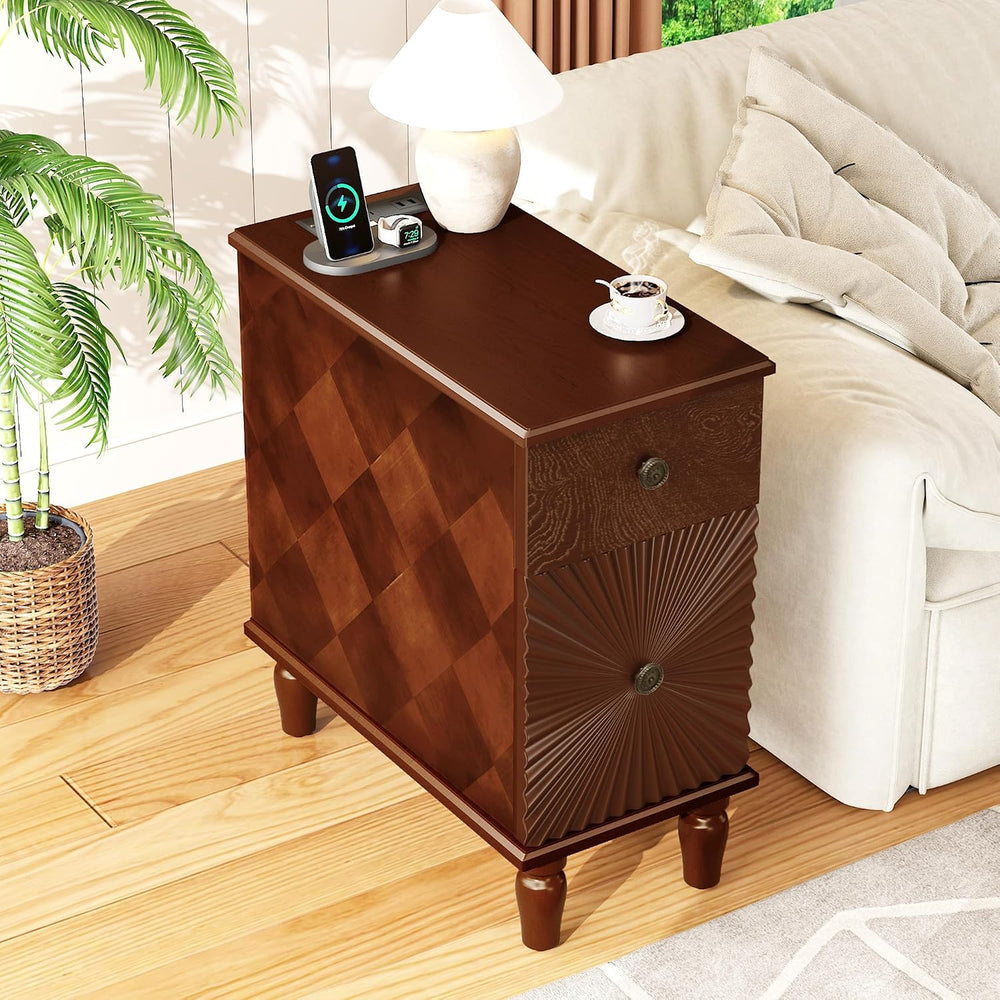 Narrow End Table with Charging Station, Slim Side Table with Drawers for Smal...