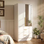 ECACAD 29.5" W Wardrobe Armoire with Mirror, Fluted Door & LED Light, Wooden Closet Storage Cabinet with Hanging Rod, 2 Doors and 2 Drawers for Bedroom, White