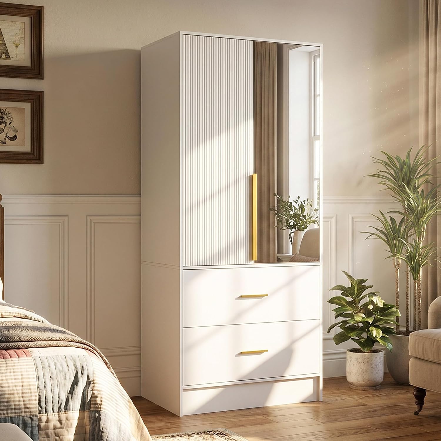 ECACAD 29.5" W Wardrobe Armoire with Mirror, Fluted Door & LED Light, Wooden Closet Storage Cabinet with Hanging Rod, 2 Doors and 2 Drawers for Bedroom, White