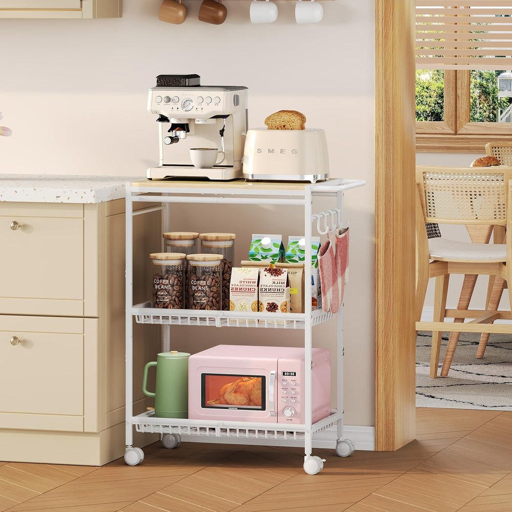 Microwave Kitchen Cart with 2 Lockable Wheels, White Kitchen Storage Cart wit...