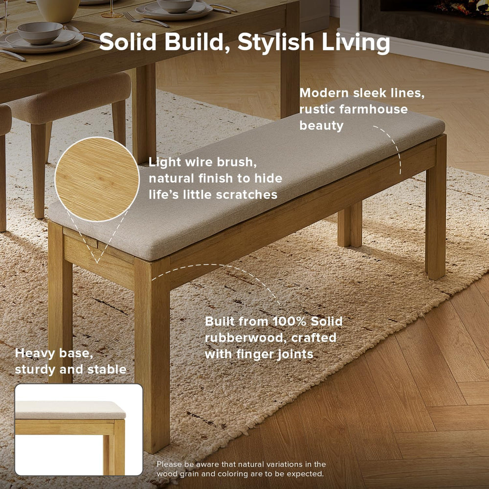mopio Logan Upholstered Beige Dining Bench, Modern Farmhouse Solid Wood with ...