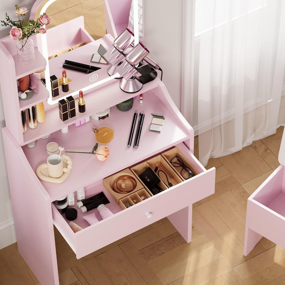 LIKIMIO Small Vanity Desk with Storage Stool and Mirror Lights | Pink compact...