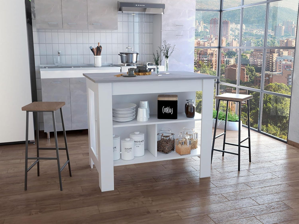 Kitchen Island with Open Shelves, White and Marble-Look Top | 3 Storage Shelv...