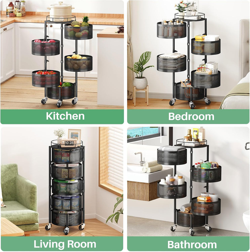 SAYZH 5 Tier Fruit Vegetable Basket Stand for Kitchen, Rotating, Black | Roll...