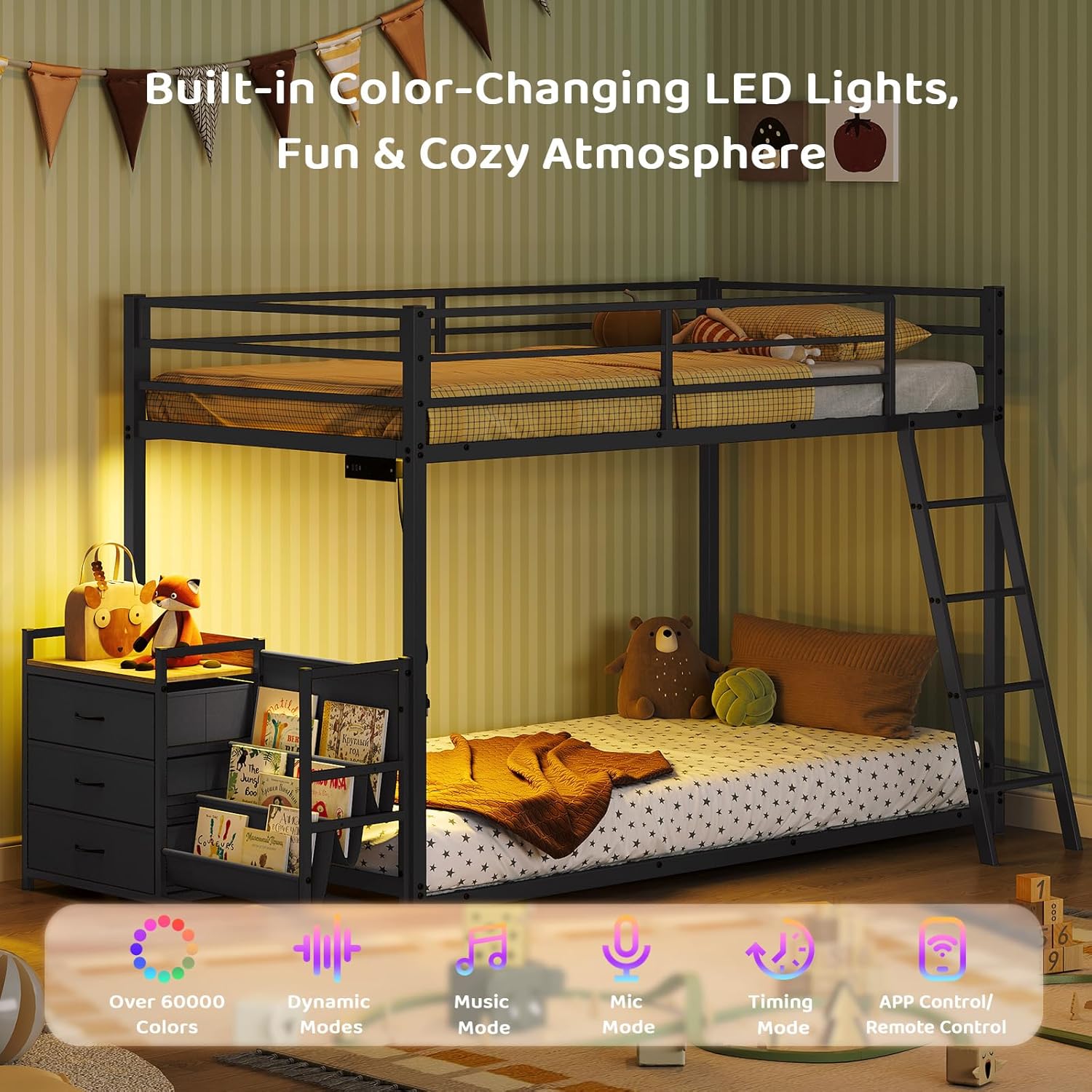 Bonnlo Bunk Bed Twin Over Twin with 3 Storage Drawers, 3 Tier Book Shelf, Bunk Bed with LED Lights, Charging Station, Inclined Ladder, Suitable for Kids & Teens, Space Saving (Black)
