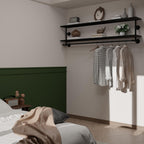 Black Clothes Rack 70in, 2-Tier Wall Mounted Garment Rack with Real Wood Shelf, Heavy Duty Hanging Clothes Rack, Multi-Purpose Hanging Rod, Space-Saving Closet Storage
