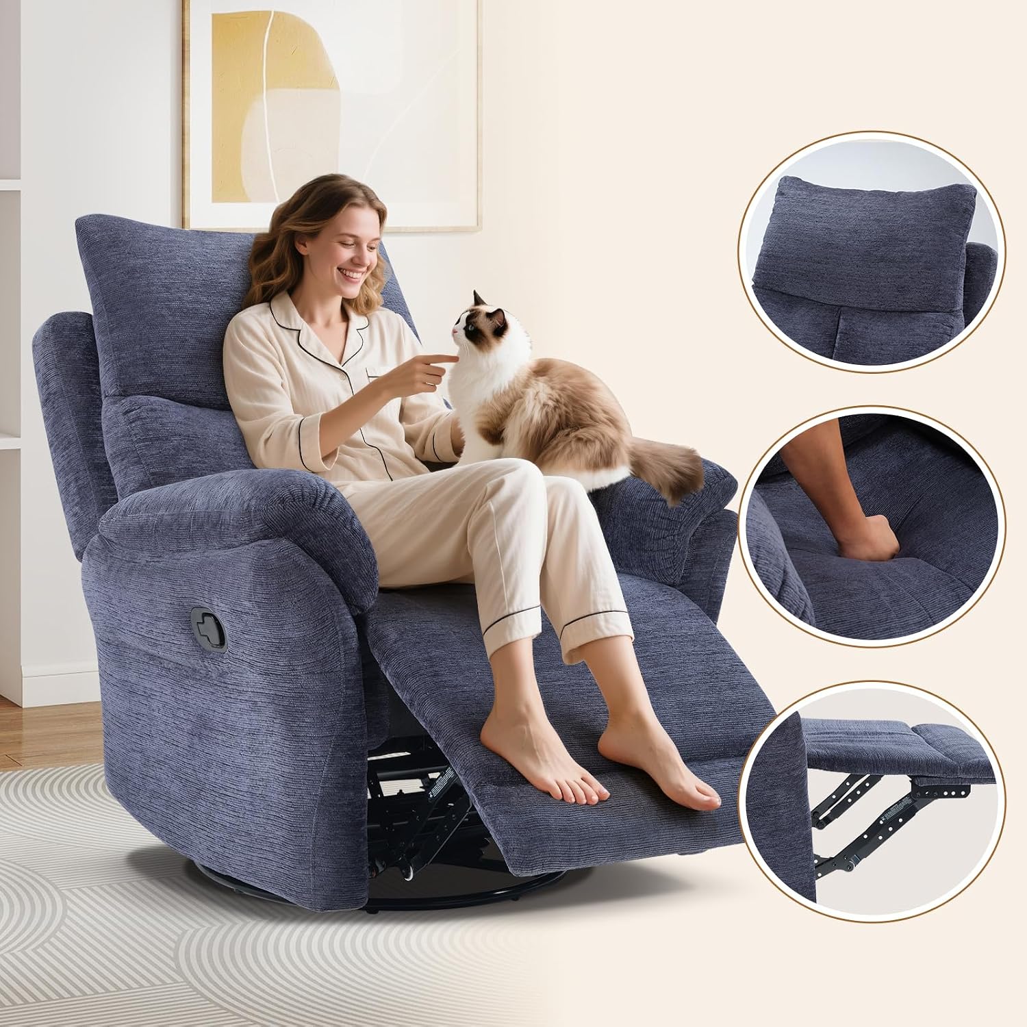 ANJ Swivel Glider Recliner, Manual Nursery Rocking Chair, Blue | Upholstered glider chair with 360° swivel, padded cushion, ideal for nursery, bedroom and living room breastfeeding & reading