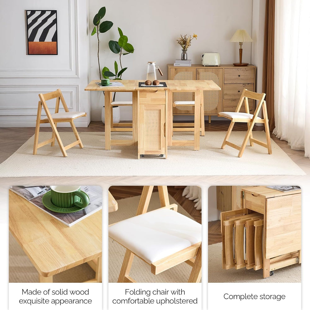 VINGLI 5-Piece Folding Dining Table Set, Extendable Drop Leaf Solid Wood Tabl...