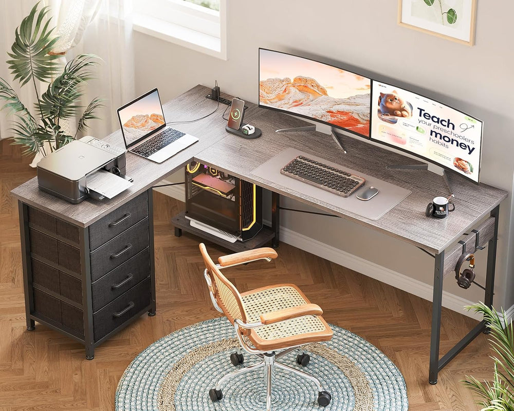 AODK 61" L Shaped Gaming Desk with 4 Drawers and Power Outlets, Grey