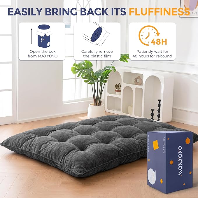 MAXYOYO Japanese Floor Mattress Full Size, 6" Foldable Futon Mattress Tufted Roll Up Floor Bed, Thick Chenille Tatami Mat Sleeping Pad for Camping Guest Room Dormitory Bedroom RV, Dark Grey