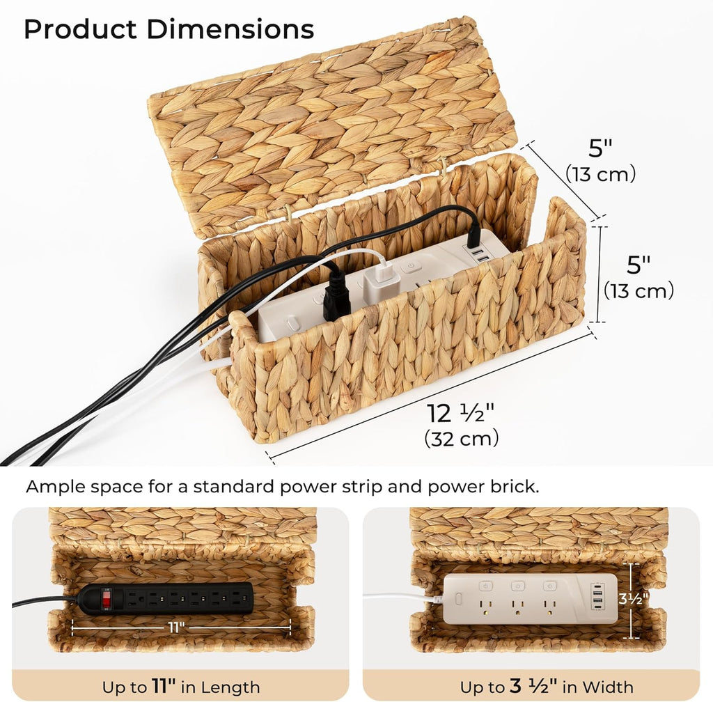 StorageWorks Cable Management Box, 2 Slots Wicker Cable Organizer to Hide Cords and Power Strip, Water Hyacinth Cord Hider Box for Home & Office
